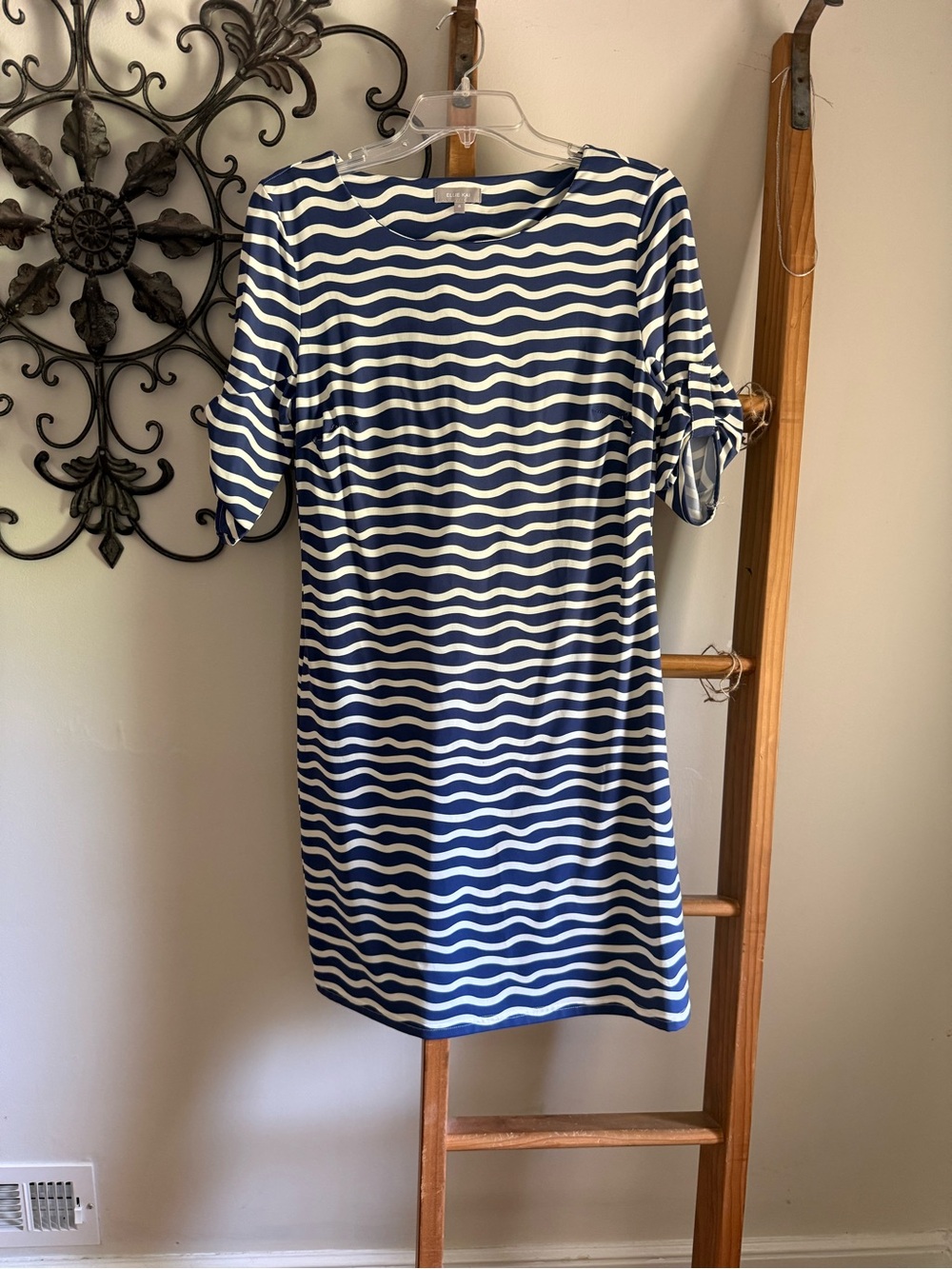 Navy and White Wavy-Stripe Midi Shift Dress